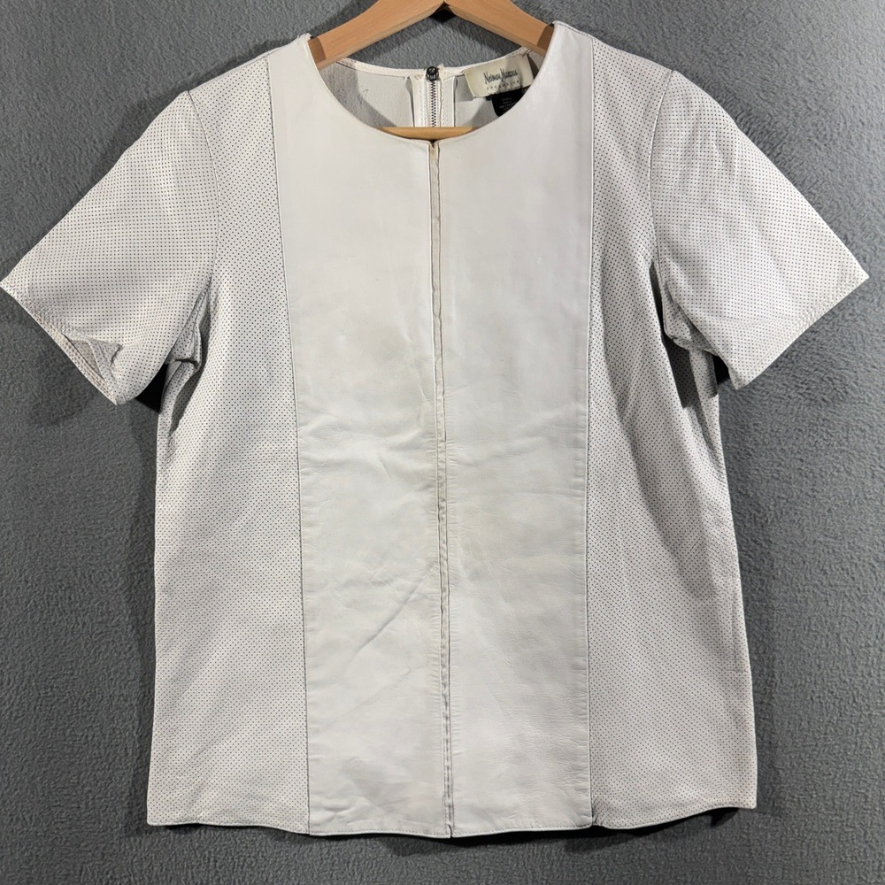 Neiman Marcus Exclusive‎ Womens Small White Perforated Genuine Leather Top Shirt